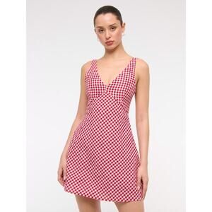 NWT Abercrombie & Fitch V-Neck Linen-Blend Mini Dress Red Gingham Small